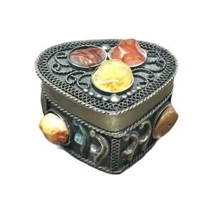 Vintage Alpaca Silver Semi Precious Stones Pill Box, 2.25"